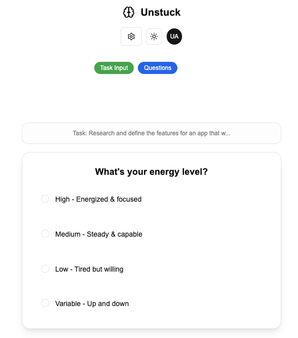 Energy-aware planning interface showing energy level selection