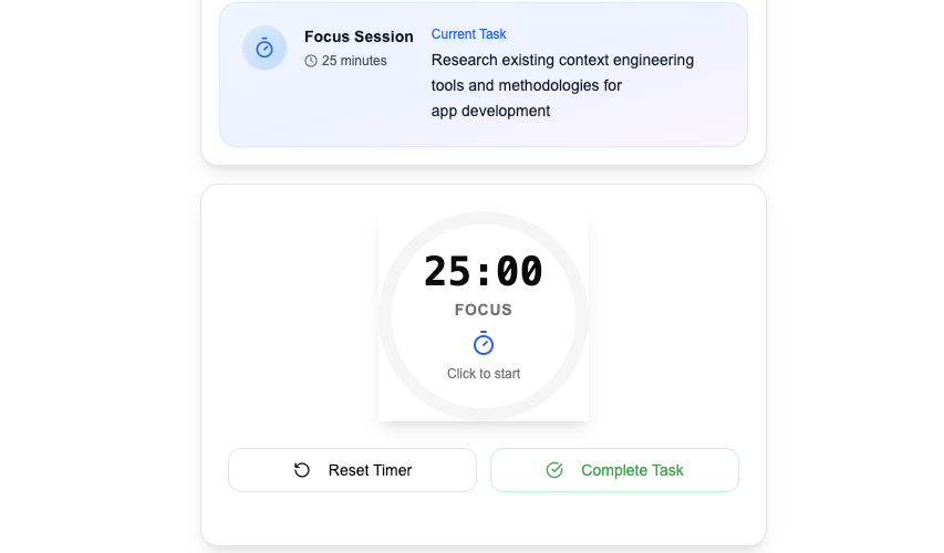 Built-in timer interface showing focus session with 25-minute timer